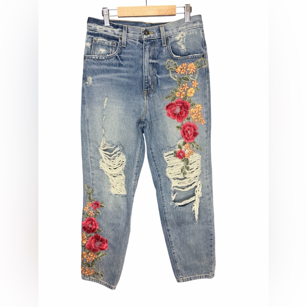 Carmar Light Blue Distressed Boyfriend Jean With Red & Orange Floral Embroidery